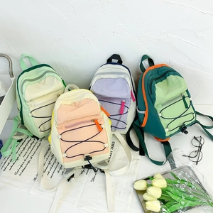 Kids Nylon Backpack Contrast Color Lightweight Drawstring Outdoor Sports Schoolbag For Boys Girls Trendy