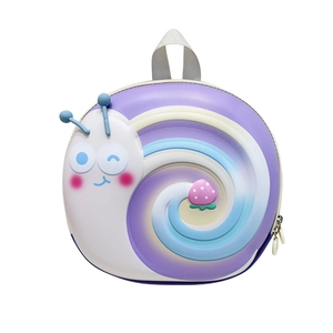 Cute snail-shaped hardshell backpack for toddlers featuring purple gradient spiral patterns