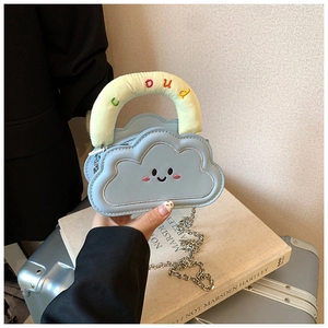 Detail of light blue cloud-shaped bag with smiley face embroidery and rainbow cloud handle