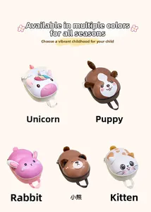 Detailed view of five animal-themed EVA hard shell backpacks including unicorn and bear styles