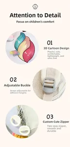 Detail of 3D cartoon unicorn decor and adjustable buckle on lightweight kids backpack