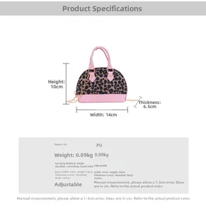 Detailed size specifications for pink leopard print mini shell bag with golden chain