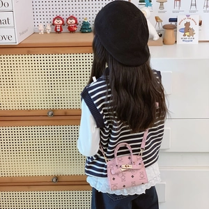 Cute pink cartoon bear crossbody bag for kids with luxury print and adjustable strap