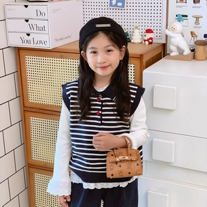 Kids navy stripe knit vest with red heart buttons and matching mini printed handbag