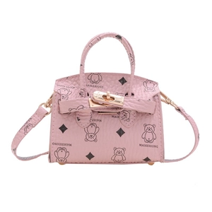 Pink cartoon bear printed toddler handbag with gold hardware and crossbody strap