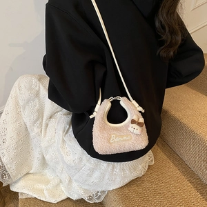 Cute pink plush rabbit shoulder bag for kids with teddy fleece and embroidery