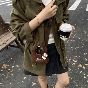 Cute brown plush bunny crossbody bag for kids with white sheepskin texture and bow