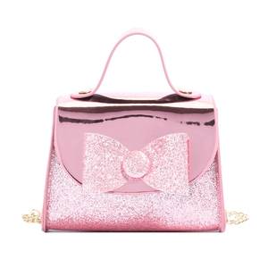 Pink sequin bow handbag for girls with shiny metallic surface and gold chain strap