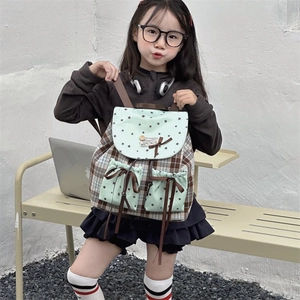 Chic mint green and brown plaid kids backpack with star prints and ribbon bow