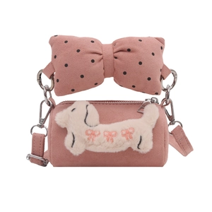 Niedliche rosa Plüschwelpen-Zylindertasche für Kinder mit gepunkteter Schleife