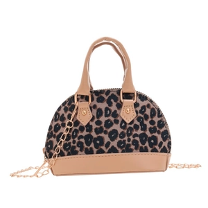 Mini leopard print shell bag for girls with gold chain strap and brown leather trim