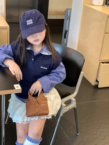 Fashionable girl outfit featuring a navy knit vest, plaid shirt, and brown handbag