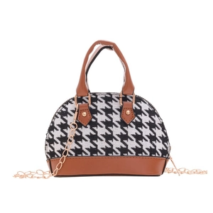 Piccola borsa chic a mano per bambina in pied-de-poule con finiture in ecopelle marrone e catena
