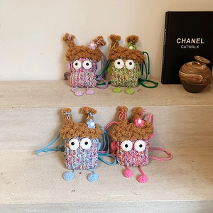 Sac À Bandoulière Monstre Dessin Animé Enfants Tricot Crochet Fait Main Fil Coloré Grands Yeux Mini Pochette Tout-Petits