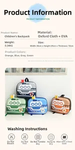 Detailed chart showing boat-shaped kids backpack dimensions and durable EVA material