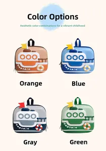 Detail showing four ship-shaped children backpacks in orange, blue, grey, and green colors