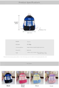 Detailed size chart for kids nylon backpack showing 26x32x11cm dimensions and 0.13kg weight