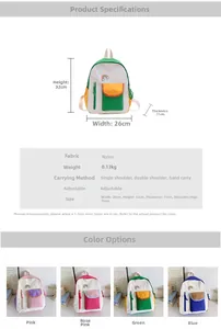 Detailed view of lightweight nylon kids backpack with rainbow embroidery and dimensions