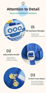 Detail view of 3D ship decor, adjustable buckles, and anchor zipper on blue backpack