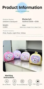 Detail view of unicorn kids backpack showing four colors and size specifications chart