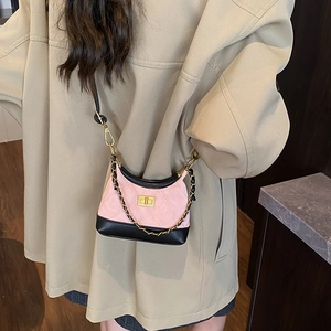 Frosted quilted crossbody bag for kids with pink and black contrast and golden lock