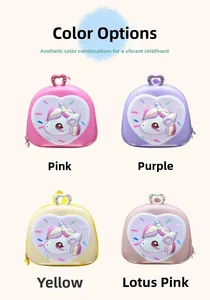 Detail of 3D unicorn shell backpacks for kids in pink, purple, yellow and lotus colors