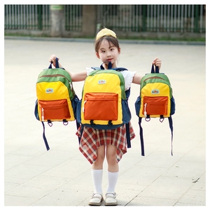 Detailed comparison of color-block kids backpacks in three different sizes for school