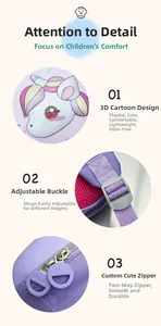 Detail view of the unicorn 3D design, adjustable buckle, and dual zippers on toddler bag