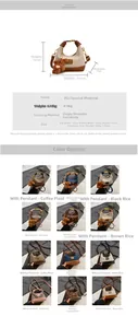 Detailed chart showing handbag dimensions, weight, and multi-color material options