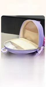 Internal view of purple 3D shell backpack with multi-compartment storage and mesh pocket