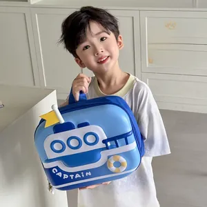 Blue cartoon ship backpack for toddlers featuring 3D hard shell and Captain emblem