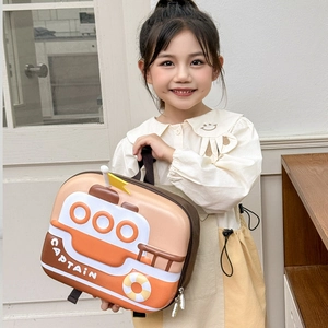 Detail view of the 3D ship-shaped kids backpack with Captain print and lifesaver decor