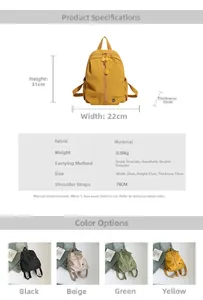 Infographic showing kids backpack dimensions 31x22x10cm and durable nylon fabric specs