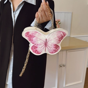 Pink and white butterfly-shaped girls shoulder bag with stylish golden chain strap