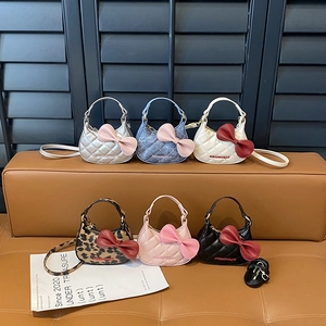 Mini Sac Bandoulière Fille En Simili Cuir Denim Léopard Avec Nœud Matelassé Sac À Main Mode Pour Tout-Petits