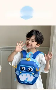 Toddler blue robot hardshell backpack with waterproof material shown on a child model