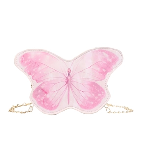 Sweet pink butterfly shoulder bag for girls with gradient wings and a gold chain strap