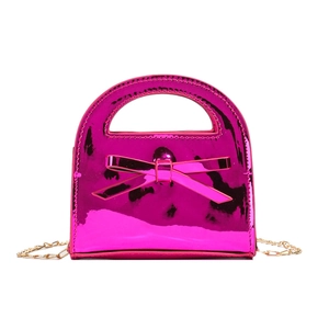 Sac à main rose brillant en cuir verni pour filles avec nœud doux et chaîne dorée