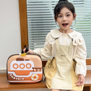 Cute ship-shaped kids backpack in orange with Captain text for toddler boys and girls