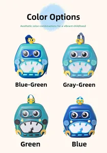 Four colorful cartoon robot backpacks for toddlers in blue, green, and teal EVA hard shell