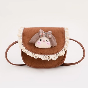 Borsa a tracolla bimba in finta pelle scamosciata marrone con pizzo e personaggio cartoon