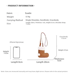 Size guide for the brown faux suede boots-shaped mini crossbody bag with fleece trim