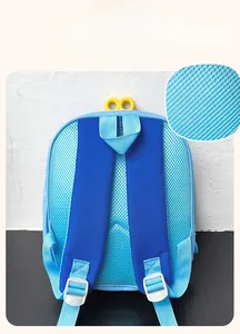 Detail of blue toddler backpack featuring breathable mesh back and adjustable straps