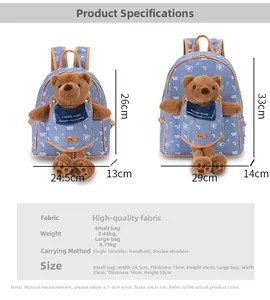 Size comparison of large and small plush bear backpacks in light blue denim fabric