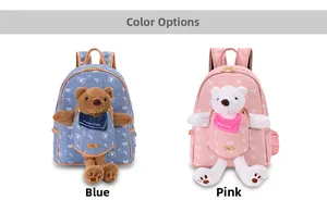 Detail view of pink and blue plush bear backpacks with denim texture and 3D bear toys