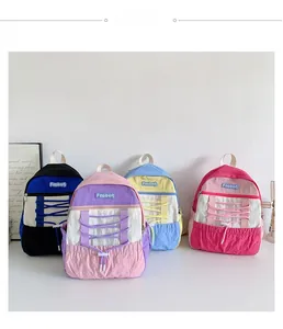 Detailed view of lightweight candy-colored backpacks with stylish drawstring design