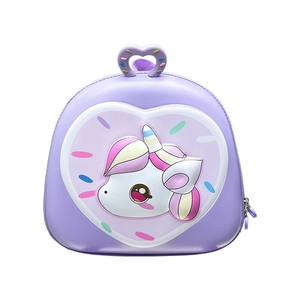 3D eggshell backpack for kids featuring a cute cartoon unicorn and purple heart handle