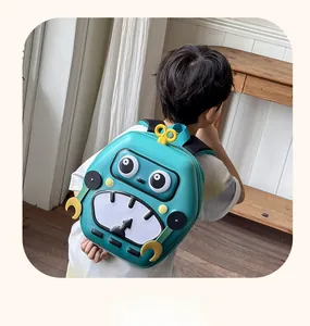 Detail view of robot backpack featuring 3D gears and durable EVA hard shell material