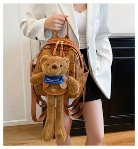 Detail of printed brown backpack featuring 3D plush bear charm and luxury logo pattern