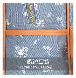 Detail of blue denim backpack side pocket with bear prints and gold metal zipper
